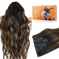 DOORES Human Hair Extensions Clip in Balayage Dark Brown to Chestnut Brown Clip in Remy Hair Extensions Natural Hair 120g Straight 7pcs 24 Inch