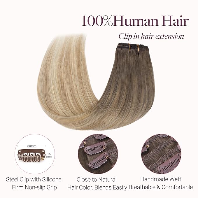 GOO GOO Clip in Hair Extensions Real Human Hair, Remy Human Hair Extensions Clip ins for Women, Natural Human Hair, 18inch 120g 7 Pcs, #9/18J/60 Chocolate Brown to Champagne Blonde Balayage
