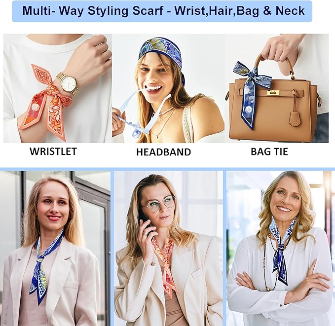 Skinny Scarf 3 Pack for Women – Bag Scarf, Silk Hair Scarves (Original Prints, Premium Twill, 3 Designs)