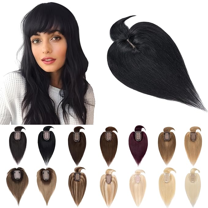 SEGO Hair Toppers for Women Real Human Hair With Bangs, 7 * 13CM Silk Base 100% Remy Human Hair Clip in Top Wiglet Hairpieces Add Volume -18 Inch Jet Black
