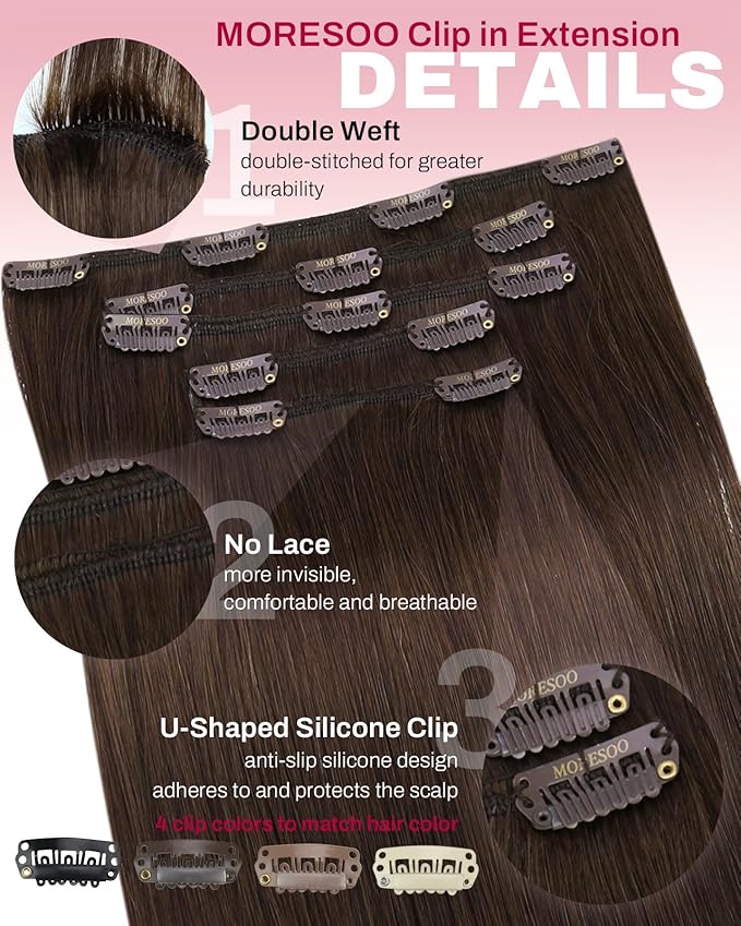 Moresoo 14 inch Clip in Hair Extensions Chocolate Brown Hair Extensions Real Human Hair Clip ins Medium Brown Remy Human Hair for Women Short 80g/5pcs