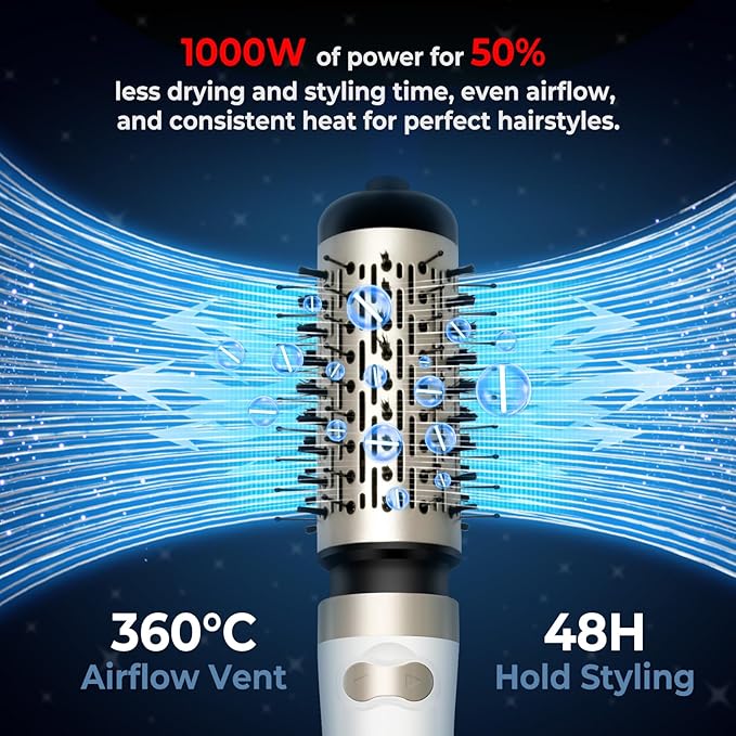 Hair Dryer Brush, 3-in-1 Rotating Round Hot Air Spin Brush Set with 2 Brushes (2" & 1.5"), Negative Ionic Blow Volumizer, 2 Detachable Auto-Rotating Curling Brush 100-120V