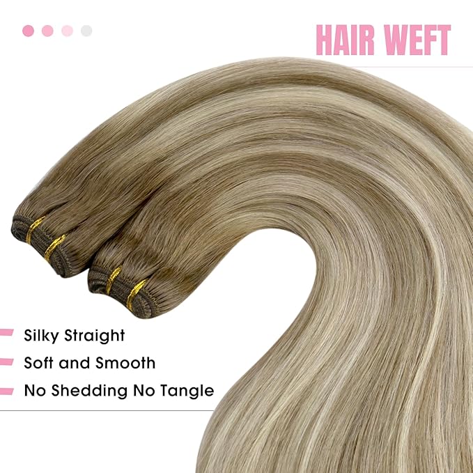 YoungSee 24Inch Hair Extensions Weft Light Brown Blonde Hand Tied Weft Hair Extensions Human Hair Balayage Light Brown Mix Platinum Blonde Sew in Extensions for Long Hair 100G