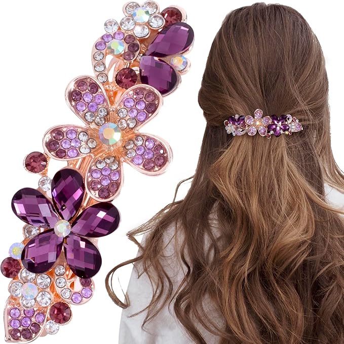 Joez Wonderful Rhinestone Hair Clip Sparkly Crystal Barrettes French Wedding Prom Engagement Pageant First Communion Hair Decorative Accessories for Women Bride Thick Long Hair (Flower Purple, 1 Pcs)