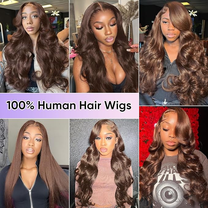 Chocolate Brown Lace Front Wig 200 Density 13x6 HD Body Wave Lace Front Wigs Human Hair Pre Plucked Colored Frontal Glueless Brown Human Hair Wig for Women with Baby Hair 24Inch