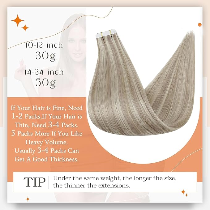 Full Shine Tape in Hair Extensions 12 Inch Remy Tape Hair Extensions Real Human Hair 20pcs 30g Highlight Color 18 Ash Blonde And 613 Blonde Extensions for Women Glue in Hair for Short Tapes ins