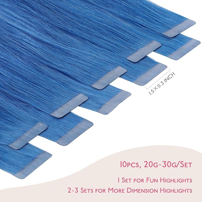 Wennalife Tape in Hair Extensions Human Hair Blue Tape in Extensions, 10pcs 20g 10 inch Remy Invisible Tape Ins Straight Colored Soft Real Human Hair Tape in Extensions Refill Set Extensions