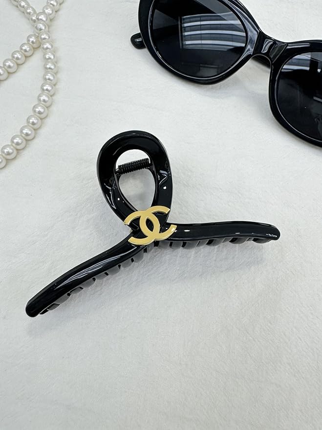 Shiny Black Large Hair Claw Clip with Gold Accent – Shatterproof & Long-Lasting Trendy Women’s Hair Styling Accessory