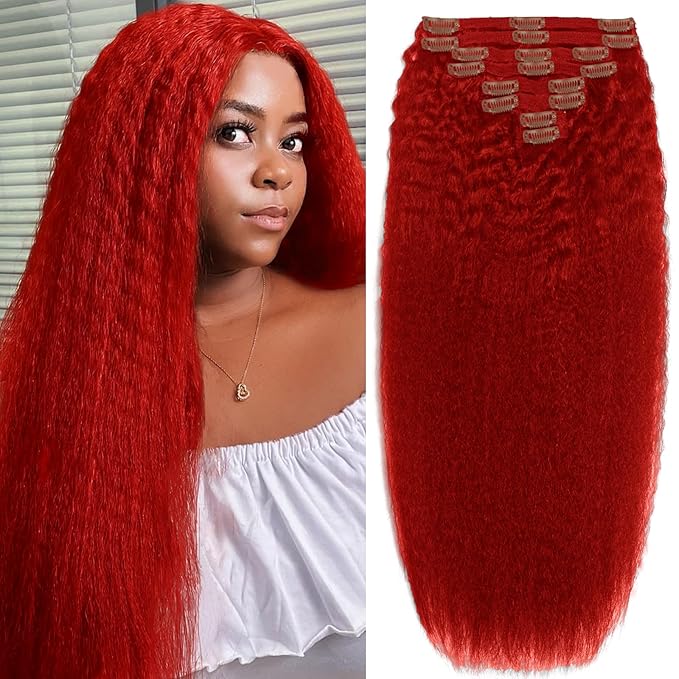 Kinky Straight Clip in Human Hair Extensions 125g 8Pcs with 18Clips Full Head for Black Women Red Brazilian Clip in Hair Extension Human Hair for Women（#Red 24inch）