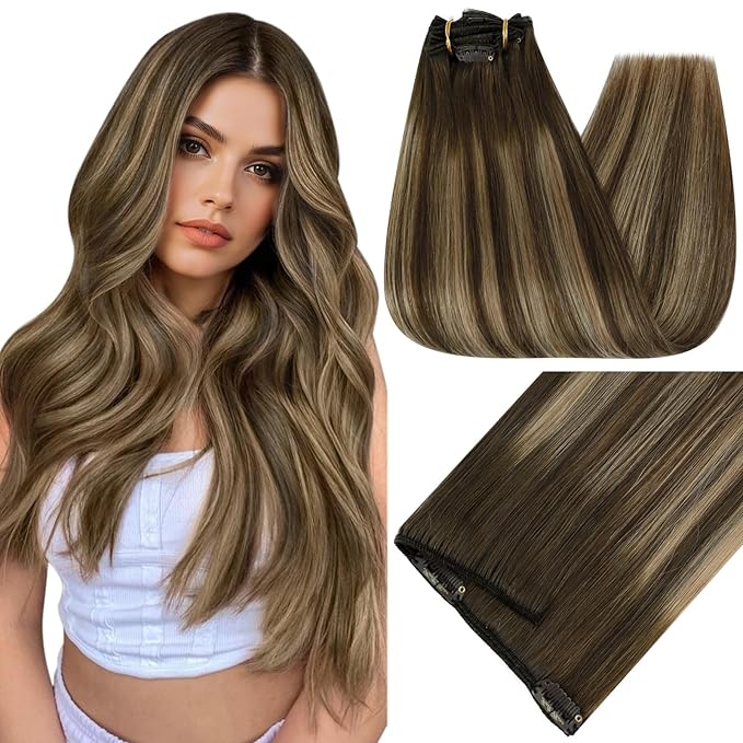 Full Shine Brown Human Hair Clip in Extensions 150 G Medium Brown Balayage Caramel Blonde Thick Hair Extensions 24 Inch Clip in Hair Extensions Human Hair Full Head Thick Ends 7 Pcs