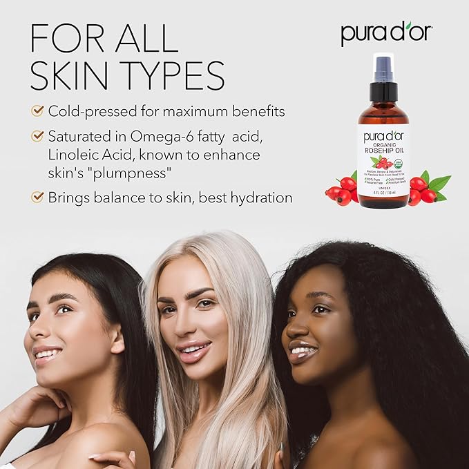 PURA D'OR ORGANIC Rosehip Seed Oil Hair Relaxer (4 Oz x2 = 8 Oz) 100% Pure Cold Pressed USDA Certified All Natural Anti-Aging, Scar Treatment, Gua Sha Massage, Face, Hair & Skin - Women & Men