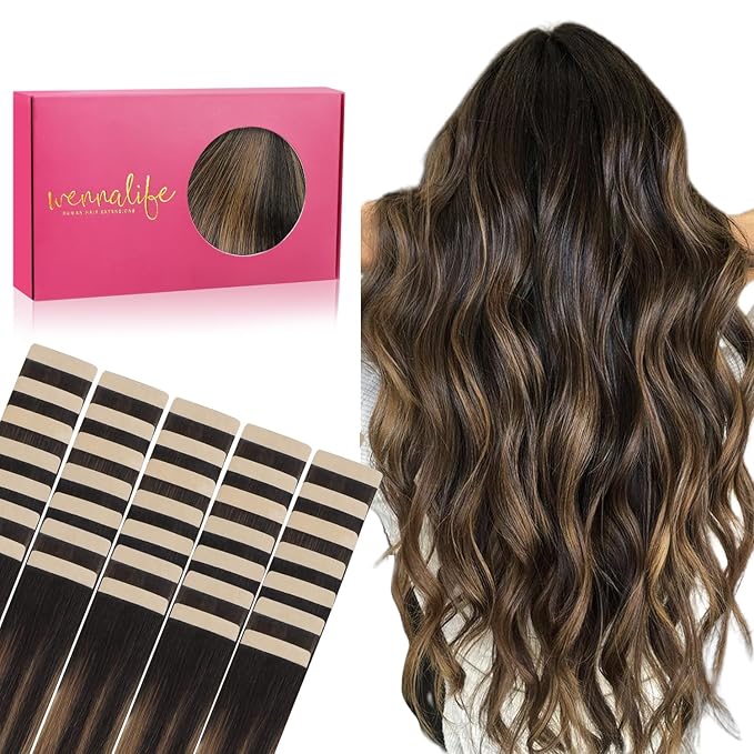 WENNALIFE Tape in Hair Extensions Human Hair, 40pcs 100g 14 inch Balayage Natural Black to Chestnut Brown Hair Extensions Real Human Hair Straight Tape in Extensions Invisible Human Hair Extensions