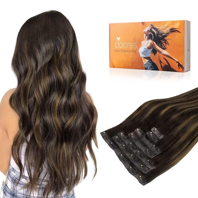 DOORES Seamless Clip-In Hair Extensions, Real Human Hair, Dark Brown to Chestnut Brown, 18 Inch, 7pcs, 110g, Straight, Invisi Edge