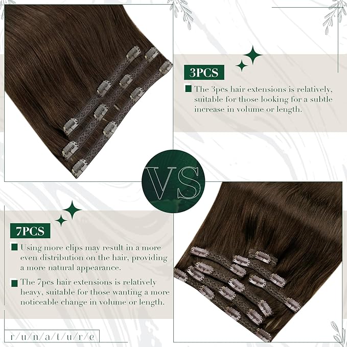 RUNATURE Clip in Hair Extensions Real Human Hair, Brown Hair Extensions Clip Ins, Double Weft Human Hair Clip in Extensions, Remy Natural Hair, Tangle Free, 16 Inch 50g 3pcs #4 Medium Brown