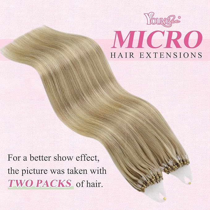 YoungSee Micro Link Hair Extensions Human Hair Blonde Microloop Hair Extensions Human Hair Highlight Blonde and Golden Blond Invisible Bead Hair Extension 20In 50g 50s for Date Nights