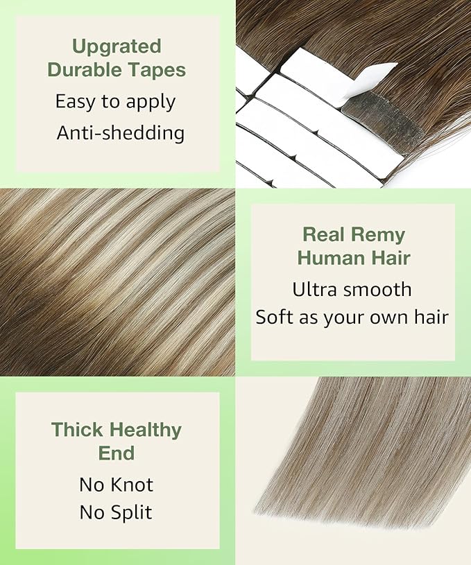 SURNEL Tape in Hair Extensions Balayage #3/8/22 Darker Brown to Ash Brown mixed Blonde Tape in Hair Extensions Human Hair 20 inch 20pcs 50g(#3/8/22-20)