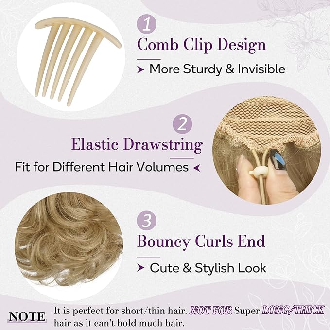 BARSDAR Short Drawstring Ponytail - 10 Inch Wavy Highlight Ponytail Hair Extensions for Women - Synthetic Comb Clip in Ponytail Hairpieces Fake Pony Tails - Golden Blonde with Highlights