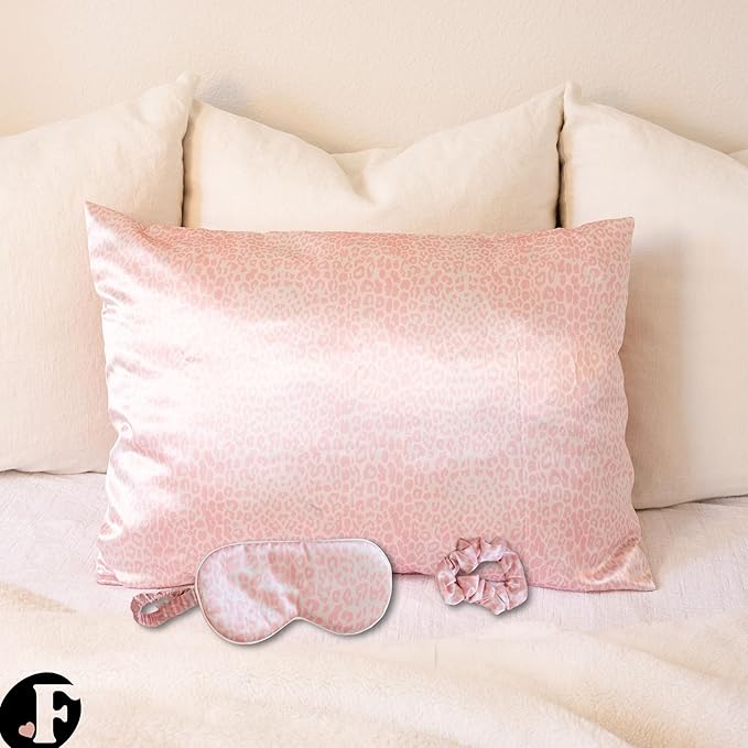 Satin Pillowcase Gift Set for Women – Pink Leopard, Silky Soft, Reduces Frizz | Includes Satin Eye Mask & Scrunchie | for Curly Hair, Sensitive Skin | Gift for Mom, Daughter, Girlfriend