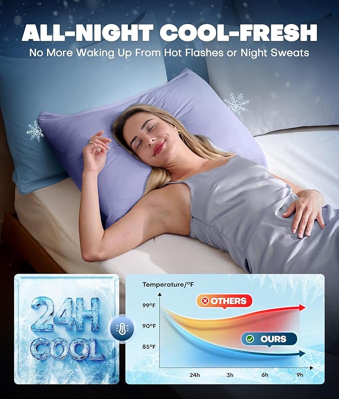Ultra-Chill Cooling Pillowcase Set of 2 for Hot Sleepers, Softer Than Silk Pillow Cases for Protecting Hair & Skin, Breathable Bed Pillow Covers w/Zipper, Gifts for Women & Men(Purple, Queen)