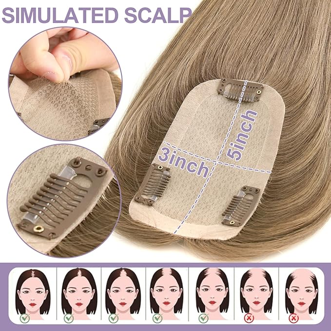 Toppers Hair Pieces for Women #TAC, 3x5 Inch Injected Silk Base 14 Inch Length 130% Density Real Human Hair Toppers