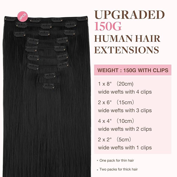 GOO GOO Clip in Hair Extensions Real Human Hair, Remy Human Hair Extensions Clip ins for Women, Natural Human Hair, 24inch 150g 9Pcs, #1 Jet Black