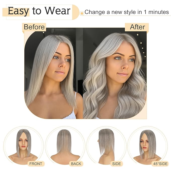SEGO Grey Hair Toppers for Women Real Human Hair No Bangs, Salt and Pepper Hair Topper, 7 * 13 CM Silk Base Clip In Top Pieces Add Volume -12 Inch G2 Dark Grey Mix