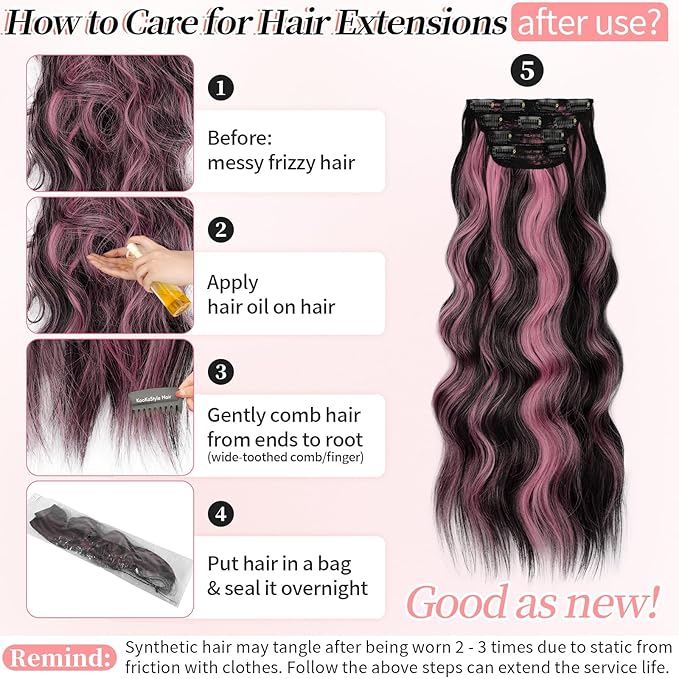 KooKaStyle Clip in Hair Extensions 4PCS Long Wavy Natural & Soft Hairpieces for Women 24 Inch for Women(Natural Black Pink)