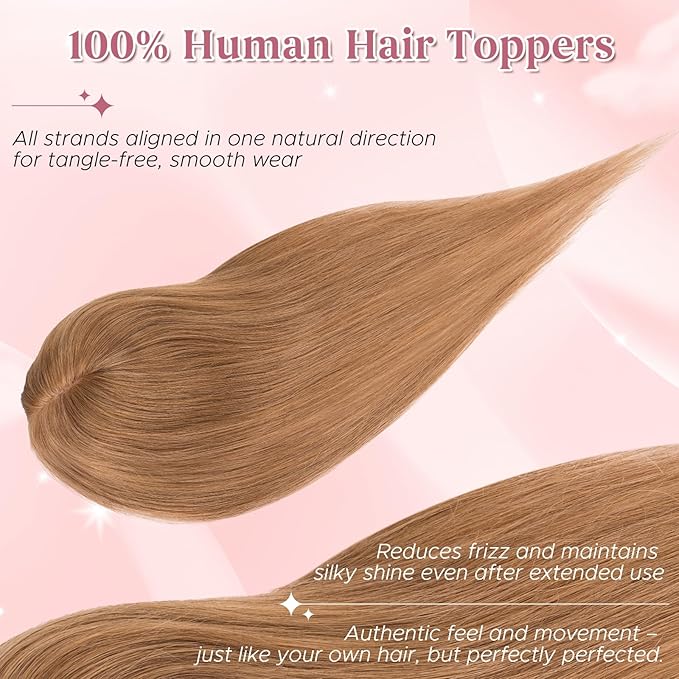 Real Human Hair Toppers for Women 3.54"*4.72" Silky Base 150% Density With Bangs Adjustable Parting Clip-In Topper Hairpieces for Women with Thinning Hair 16 Inches Light Brown