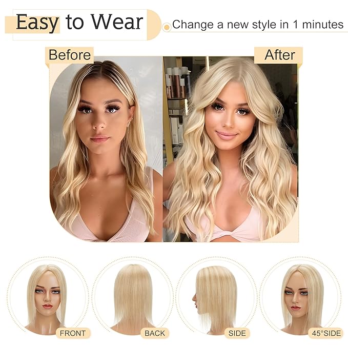 SEGO Human Hair Toppers for Women With Thinning Hair, 7 * 13CM Silk Base 100% Real Human Hair Clip in Top Wiglet Hairpieces /12 Inch No Bangs Ash Blonde&Bleach Blonde