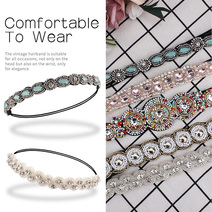 AMCAMI 5Pcs Rhinestone Beaded Headbands for Women Elastic Head Wraps Handmade Crystal Bling Hairbands for Girls Vintage Hair Accessories Party Daily Headwear (C)