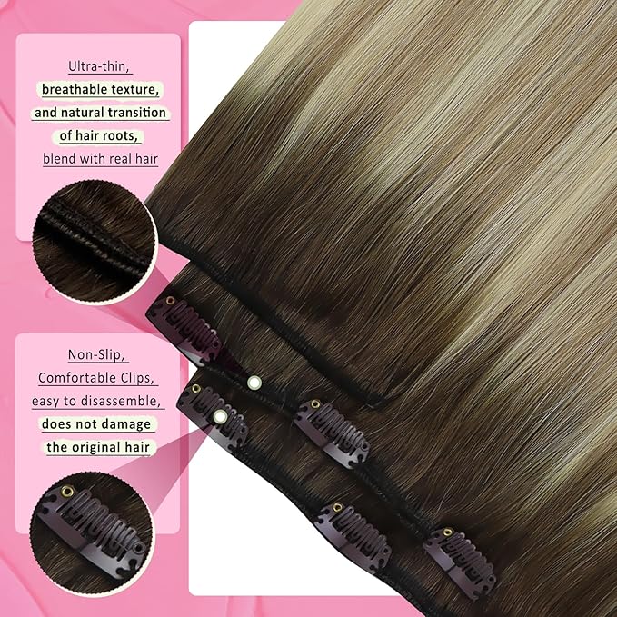 YoungSee Clip in Human Hair Extensions Brown Ombre Clip in Extensions Real Human Hair Walnut Ombre Light Brown with Blonde Balayage Real Hair Extensions Clip ins Human Hair 20Inch 120G 7Pcs
