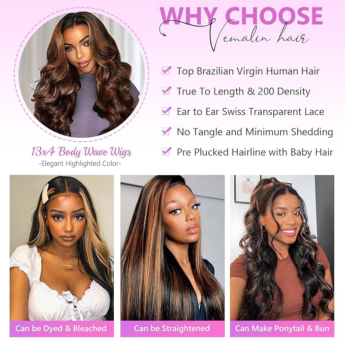 Highlight Ombre Lace Front Wig Human Hair Body Wave Lace Front Wigs Human Hair Pre Plucked 13x4 1B/30 Brown Highlight Wig 200 Density Colored 26 Inch Balayage Wigs for Women