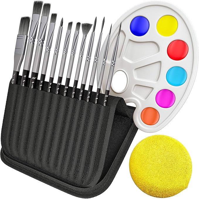 ADI&Guys Paint Brush Set – 12 Brushes with Travel Case, Mixing Palette & Sponge – for Acrylic, Oil, Watercolor & Face Painting – Art Supplies for Kids & Artists