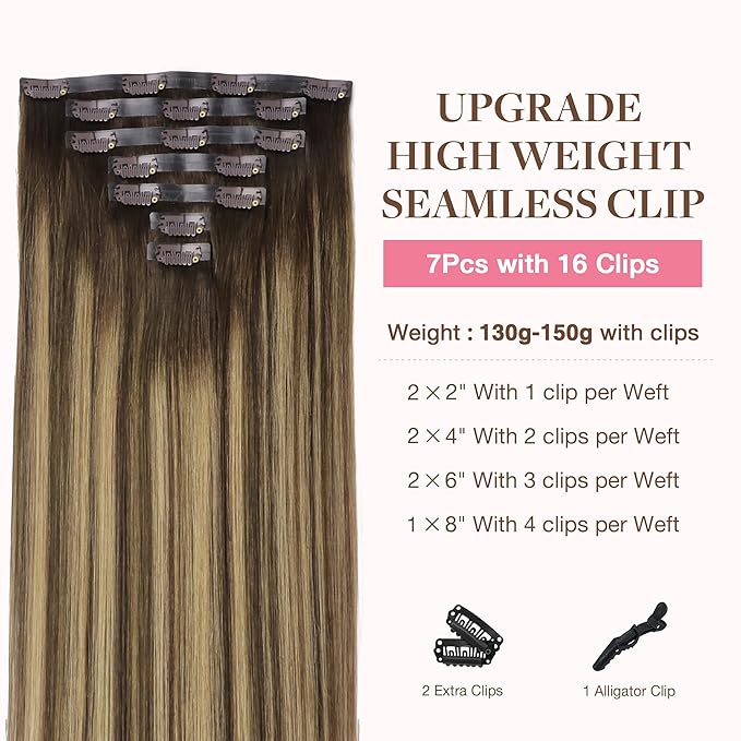 GOO GOO Clip in Hair Extensions Real Human Hair, Remy Human Hair Extensions Clip ins for Women, Natural Human Hair, 18inch 130g 7Pcs, 4/27/4 Balayage Chocolate Brown to Caramel Blonde