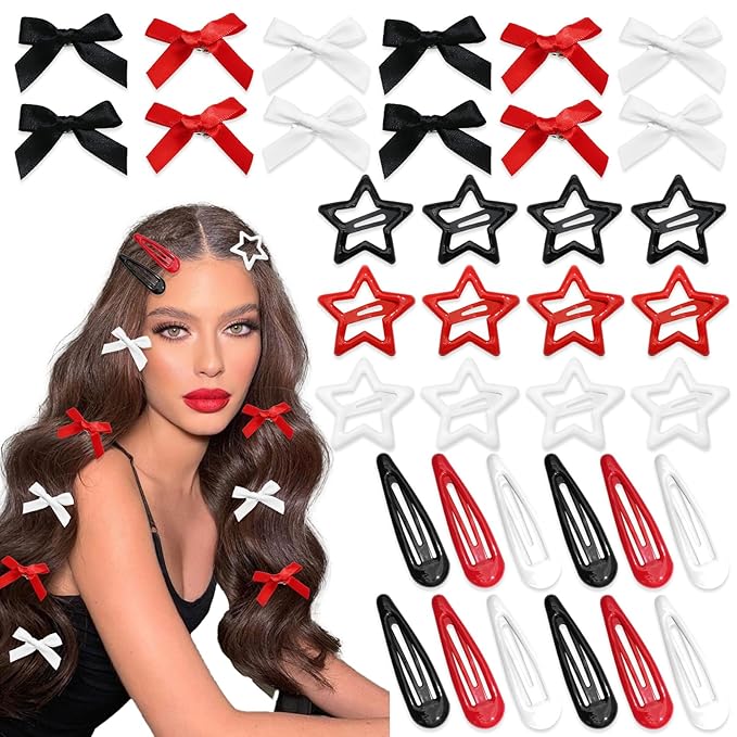36Pcs Red Mini Hair Bows Y2K Star Hair Barrettes Metal Snap Hair Clips Water Drop No Slip Hair Clips for Women Bowknot Star Hair Accessories for Girls
