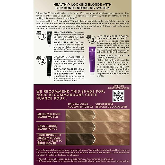 Schwarzkopf Keratin Blonde Hair Dye, 11.4 High Lift Pearl Blonde, Professional Quality Permanent Hair Color, Bond Enforcing System, Pre-Color Serum & Purple Conditioner Included