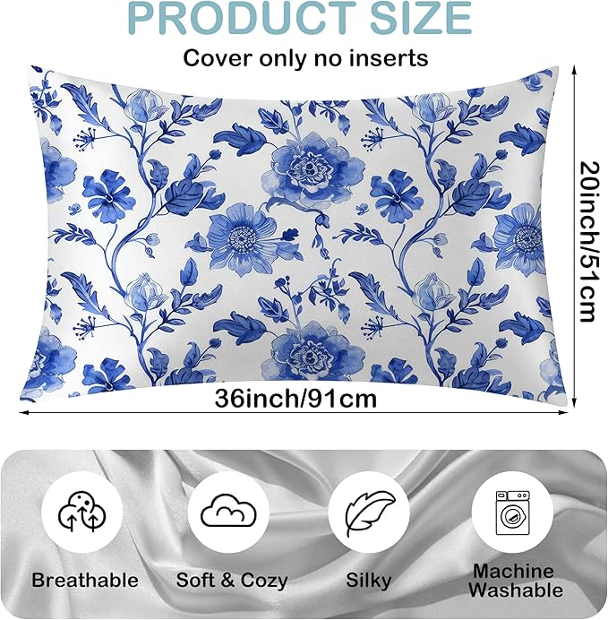 Satin Pillowcase 1 Pack-Vintage Blue Floral Silky Pillow Cover for Hair and Skin,King Size 20x36 Inch Soft Cooling Printed Pillow Cases with Hidden Zipper,Gifts for Women Men