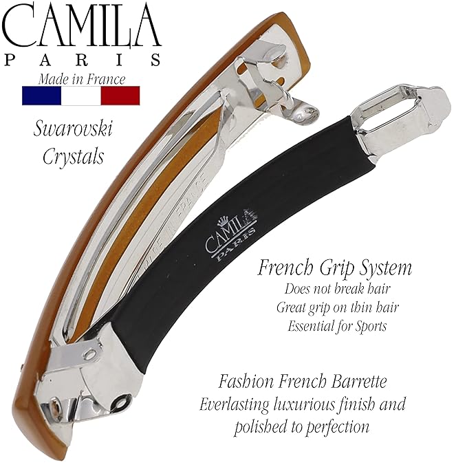 Camila Paris CP3449 French Hair Barrette Clip for Girls Caramel, Rubberized Metal Clasp Strong Hold Grip Hair Clips for Women, No Slip Durable and Styling Girls Hair Accessories, Made in France