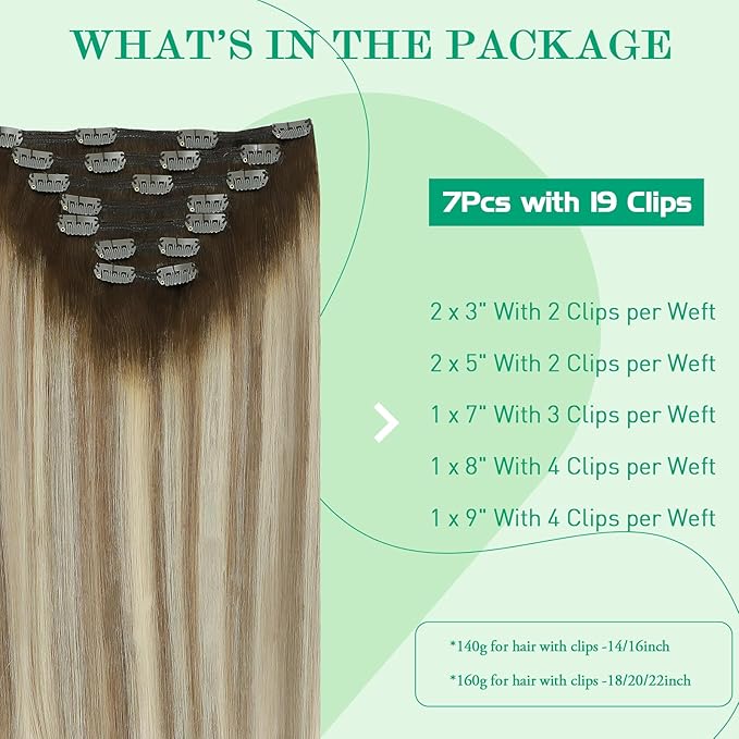 SURNEL Clip in Human Hair Extensions Balayage Clip in Hair Extensions 20 Inch 7pcs 160g Walnut Brown to Ash Brown and Golden Blonde Real Human Hair(7C#3/8/22-20'')