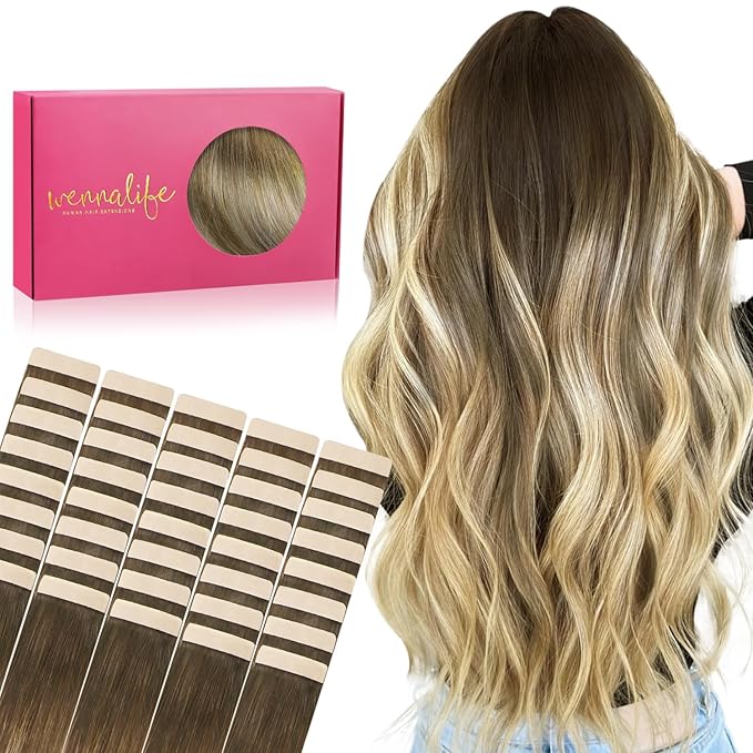 WENNALIFE Tape in Hair Extensions Human Hair, 40pcs 100g 14 inch Ombre Walnut Brown to Ash Brown and Bleach Blonde Hair Extensions Real Human Hair Straight Tape in Extensions Real Human Hair Extension