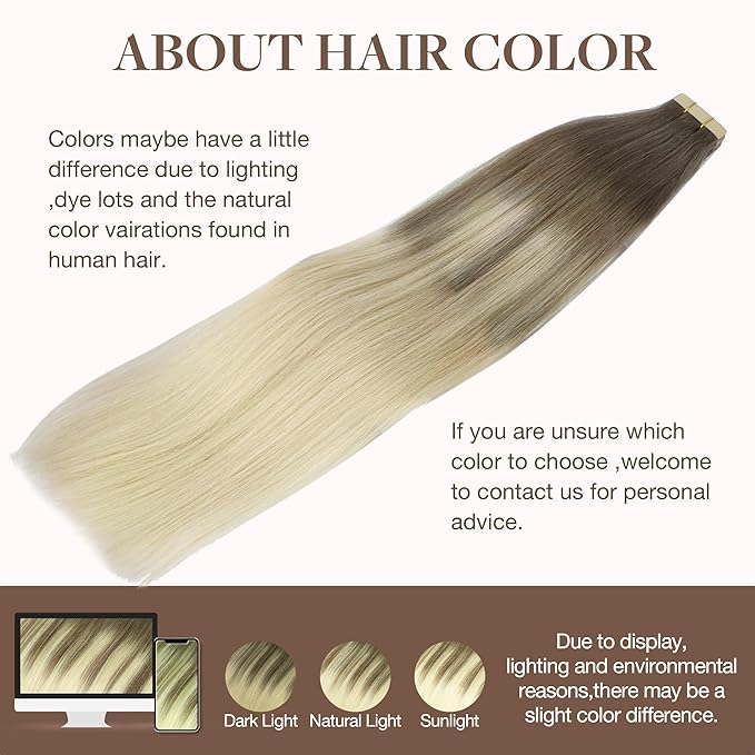 GOO GOO Tape in Hair Extensions Human Hair, 9/60 Balayage Ash Brown to Platinum Blonde, 24inch 50g 20pcs, Skin Weft Seamless Invisible, Silky Straight with Thick Ends, Remy Human Hair