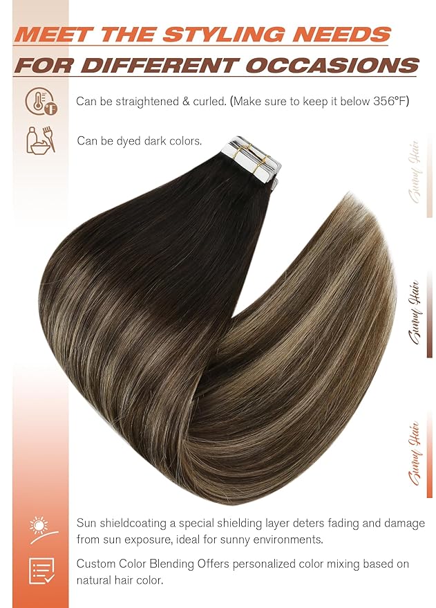 Sunny Hair Tape in Hair Extensions Human Hair, 24 Inch 40Pcs Remy Tape in Extensions Black Balayage Brown Ombre Ash Blonde Hair Extensions Tape in 100g