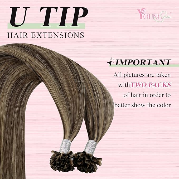 YoungSee U Tip Hair Extensions Human Hair Highlight Brown with Blonde Utip Hair Extensions Human Hair Brown U Tip Hair Extension Highlight Keratin Hair Extension for Women 16In 1G/S 50G