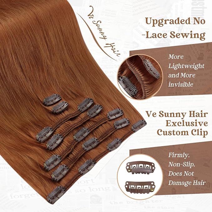 Ve Sunny Clip in Hair Extensions Real Human Hair Double Weft Remy Hair Clip in Extensions Human Hair for Women Full Head Ginger Copper 7pcs 22 inch 120g
