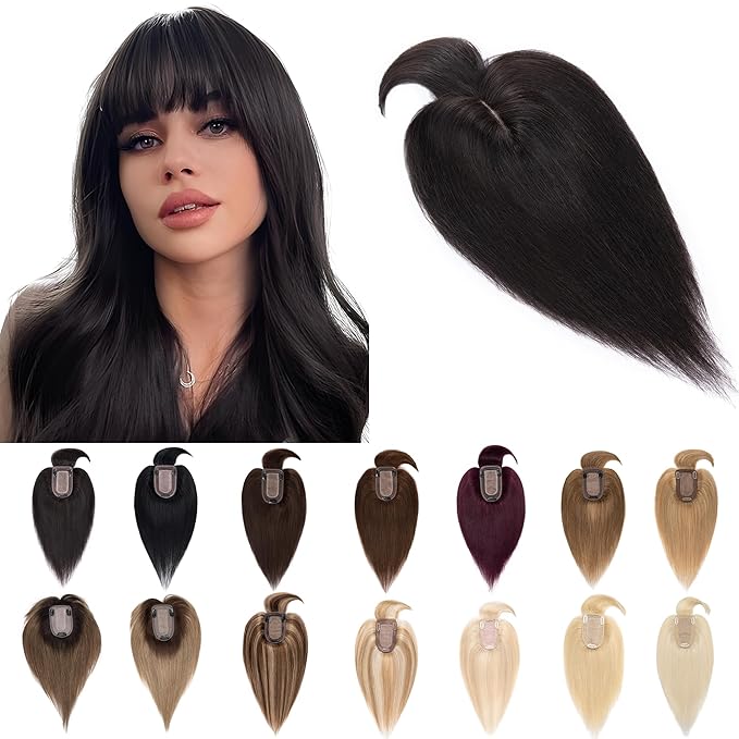 SEGO Hair Toppers for Women Real Human Hair With Bangs, 7 * 13CM Silk Base 100% Remy Human Hair Clip in Top Wiglet Hairpieces Add Volume -6 Inch Natural Black
