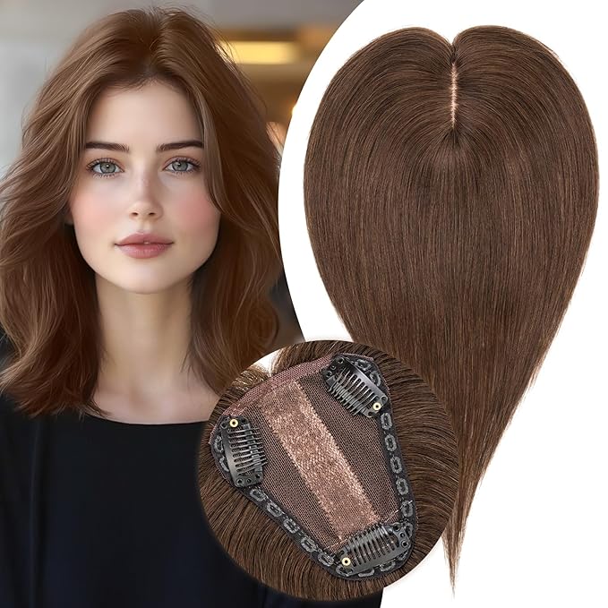 S-noilite Hair Toppers for Women Real Human Hair 3D 360° Cover Clip in 100% Real Human Hair Toppers 3″*4″ Clip in Silk Base 12 inch Dark Brown