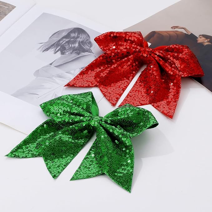 Large Glitter Cheer Bows Clips, Jumbo Big 7 Inch Cheerleading Sequin Hair Bow Hair Accessories for Teens Girls Football Sports Cheerleader Outfit Uniform (Red)