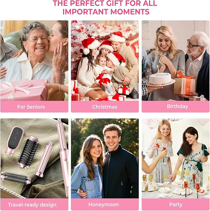 6 in 1 Hair Dryer Brush, Detachable Air Styler, 3 Heat Settings Blow Dryer Brush Frizz-Free Volumizing, Straightening, Curling ALCI Safety Plug for Travel & Home Styling (Pink)
