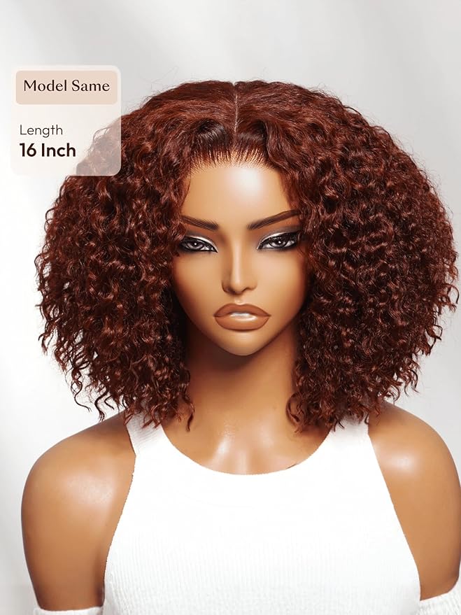 Julia Hair Reddish Brown Glueless Jerry Curly Human Hair Invisi-Drawstring Wig Auburn Pre Cut 7x5 Lace Front Wigs Pre Plucked Bleached Pre Cut Lace Closure Natural Hairline Put On and Go 20 Inch