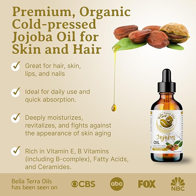 Bella Terra Oils - Organic Jojoba Oil 4oz - Cold-Pressed Excellence, Non-Comedogenic, Bathed in Vitamin C & E, For Those Seeking the Best Oils for Skin